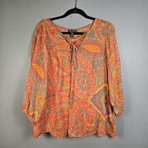 Lauren Jeans Ralph Lauren 2pc Boho Lace Up Blouse Shirt Size XL Orange Paisley